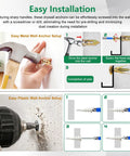 Heavy Duty Drywall Anchors And Screws Kit Delivers Killer Grip With 170 Piece Assortment In Black White And Gold, showing installation process with metal and plastic anchors.