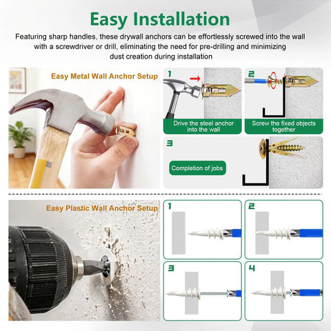 Heavy Duty Drywall Anchors And Screws Kit Delivers Killer Grip With 170 Piece Assortment In Black White And Gold, showing installation process with metal and plastic anchors.