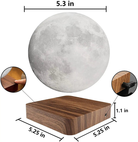 Floating moon above a wooden base with dimensions, part of the Levitating Moon Lamp With Magnetic Floating Spin, 3 Color Modes Night Light
