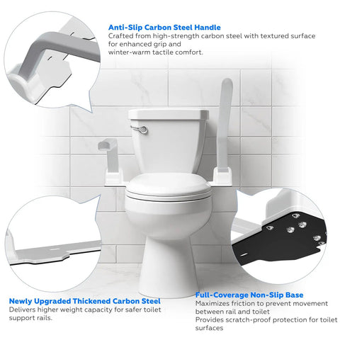 Detailed view of Heavy Duty Toilet Safety Rails For Seniors Offering 500 Pound Load Capacity Made From Thick Carbon Steel Bathroom Assist Frame with handles.