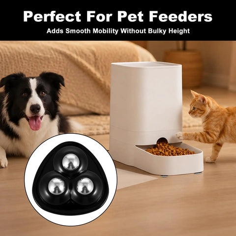 No Sweat Countertop Appliance Rollers Sliders Set with Strong Peel And Stick Backing under a pet feeder for easy glide.
