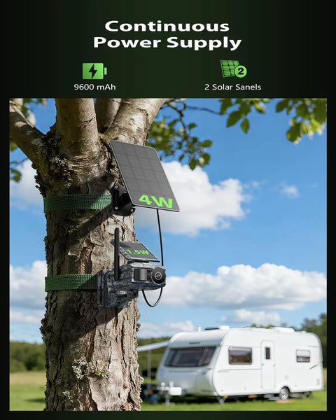 Cellular Powered Solar Security And Trail Camera For Off Grid Sites With Built In Sim Chip Eliminates Wi Fi Fees Fresh Setup For Hunting And Yard Watch mounted on tree with solar panels.