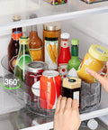 Clear Rectangular Lazy Susan Organizer For Refrigerator 13.5 By 8.5 Inches With 360 Degree Turntable holding condiments