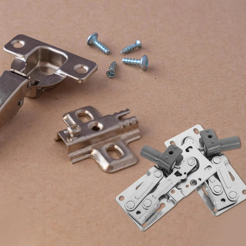 Two Pack 45 Degree Soft Close Cabinet Hinges With Damping, iron pivot self closing hardware and screws on brown surface