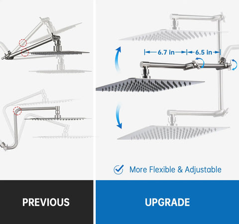 Comparison of two shower head extension arms highlighting the Adjustability of 13 Inch Shower Head Extension Arm With Heavy Duty Solid Brass Build and Brushed Nickel Finish for Height and Angle Control Rainfall Upgrade All Metal Construction Easy Install No Fuss.