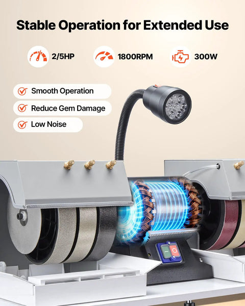 Eight Inch Cabbing Machine For Gemstones And Lapidary Polishing, Three Quarter Horsepower, 1800 RPM, LED lamp, diamond wheels.