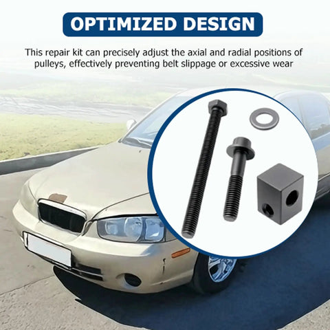 Heavy Duty Alternator Pump Pulley Adjuster Kit With Belt Tensioner Replacement Bolt Set No Sweat Installation For Hyundai Elantra Kia Rio And Accent Roll On Road, featuring bolts and washer.