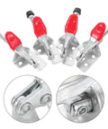 4-Piece Heavy Duty Push-Pull Toggle Clamps Set With Iron Horizontal Elbow Joints Quick-Release For Welding And Woodworking In The Shop Or On Your Workbench Fixtures Built For Fast Setup And Stable Grip, four red-handled clamps