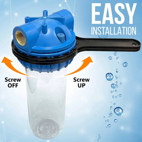 10 Inch Whole House Water Filter System With Hella Durable Thick Walled Transparent Housing And Classy Three Quarter Inch Brass Fittings Paired With Four Sick 5 Micron Pleated Sediment Cartridges showing easy installation with blue multi-port head.