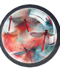 4 Pack Crystal Glass Cabinet Knobs Featuring Slick Red Dragonfly Watercolor Art And Sturdy Black Base For Kitchen Drawers Real Pretty Dresser Pulls And Cupboard Handles Building A Top Shelf Home Vibe, close-up view showcasing colorful dragonfly design.