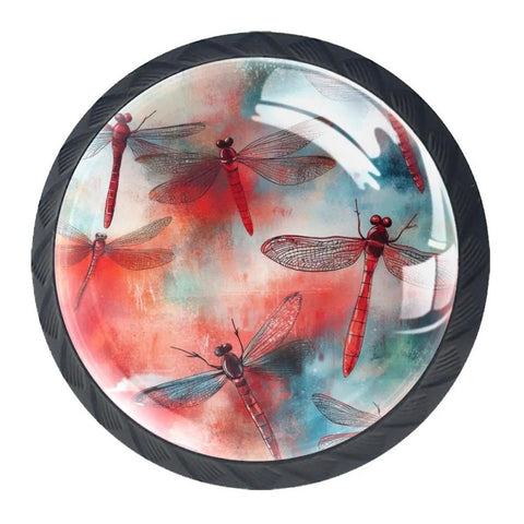 4 Pack Crystal Glass Cabinet Knobs Featuring Slick Red Dragonfly Watercolor Art And Sturdy Black Base For Kitchen Drawers Real Pretty Dresser Pulls And Cupboard Handles Building A Top Shelf Home Vibe, close-up view showcasing colorful dragonfly design.