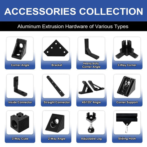 Hella Tough 20100 T Slot Aluminum Extrusion 400mm Black With Corner Bracket Kit accessory pieces showcased, featuring various connectors and brackets.