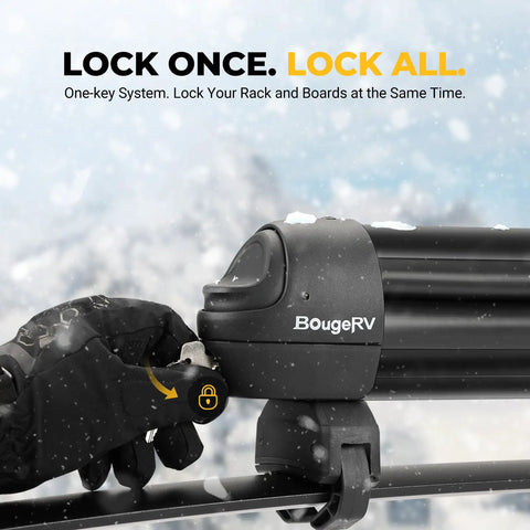 Heavy Duty Lockable Ski Racks With Slick Sliding Extension For Car Roof Secure snowboard transport kit lock mechanism close-up.