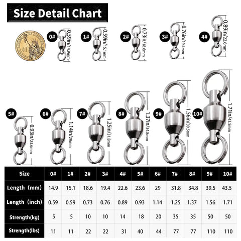 Size detail chart for Heavy Duty Stainless Steel Ball Bearing Swivels With Split Rings For Tough Saltwater Surf Fishing Tackle.