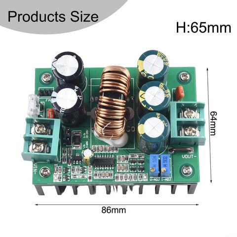 Heavy Duty DC DC Boost Converter Module 1200W Step Up Power Supply with adjustable regulators, dimensions 86mm x 64mm x 65mm.