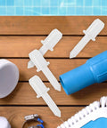 Top Shelf Window And Shutter Repair Kit With Sixty Badass Plastic Pins Spring Locks And Clips Quick Install for blinds, featuring white plastic pins on wood.