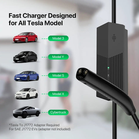 Kickstart Your Ride With This Level 2 EV Charger NACS Tesla Adapter Featuring 32 Amp Fast Charging Station and 14 50 Plug Cable showing Tesla models and charger.