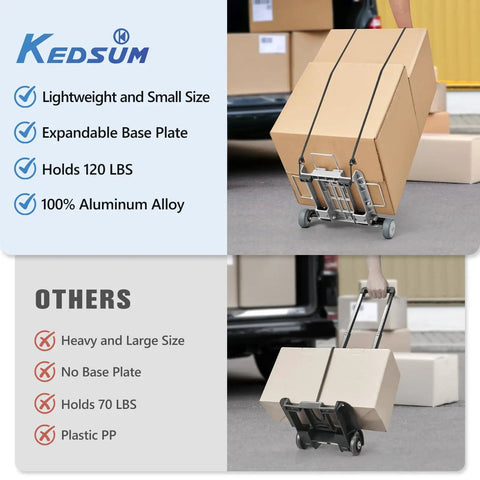 Slick Folding Luggage Cart With Wheels Lightweight Hand Truck And Portable Trolley Dolly For Airport Travel Expandable Aluminum Base Handles 120 Pounds Smooth Rolling Wheels carrying large box.