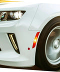 Close-up of car front with Toggle Hood Latch Clamp With Quick Release Hood Pin Kit For Race Cars, red accent on bumper.
