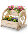 Cute Wooden Wagon Planter Box With Storage, Rustic Wheel Planter Decor For Flowers, Herbs And Vegetables, Natural Wood