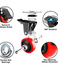 Heavy Duty Two Inch Caster Wheels With Twin Locking Brakes And Silent Polyurethane Treads That Make Moving Heavy Gear Feel Like Childs Play Fast Swivel Rolling Set Of Eight For Shop Garage, showing swivel, brake, and double ball bearings.