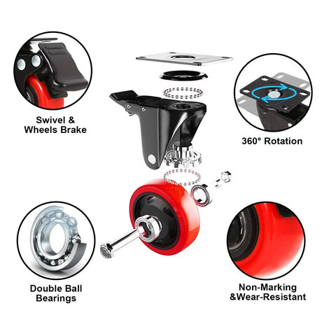 Heavy Duty Two Inch Caster Wheels With Twin Locking Brakes And Silent Polyurethane Treads That Make Moving Heavy Gear Feel Like Childs Play Fast Swivel Rolling Set Of Eight For Shop Garage, showing swivel, brake, and double ball bearings.