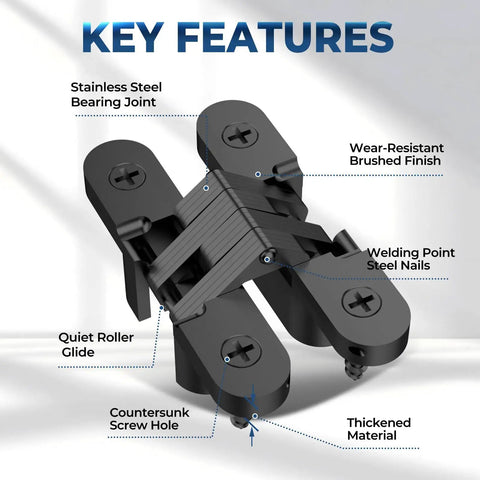 Heavy Duty Invisible Door Hinges 180 Degree Swivel Black Four Pack Solid Zinc Alloy Cabinet Hardware with key features highlighted.
