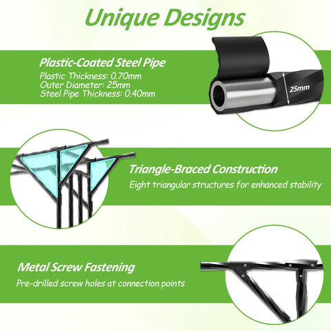 Diagram showcasing Extra Large Garden Arch Trellis With Flat Top Design features: 25mm coated steel pipe, triangle-braced construction, metal screw fastening.