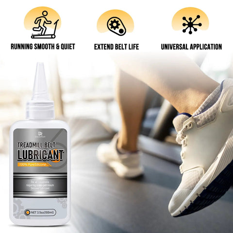 7oz Silicone Treadmill Belt Lubricant With Application Tubes, bottle in foreground, runner's foot on treadmill in background.