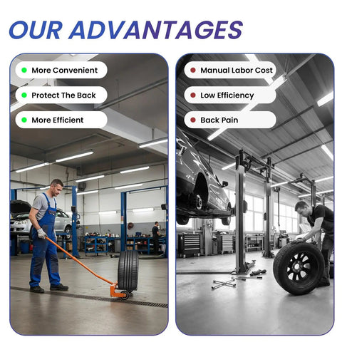 Adjustable Heavy Duty Tire Dolly And Wheel Lifter Built Like A Tank With Rust Resistant Finish and Smooth Rolling Casters used in auto shop.