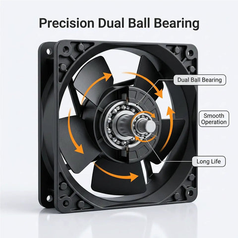 Heavy Duty EC Axial Fan Motor Retrofit Featuring Slick Dual Ball Bearings And Solid Metal Shroud Fits 115V Cold Display Cases Runs Dead Quiet For No Drama Top Shelf Cooling - Dual ball bearing close-up.