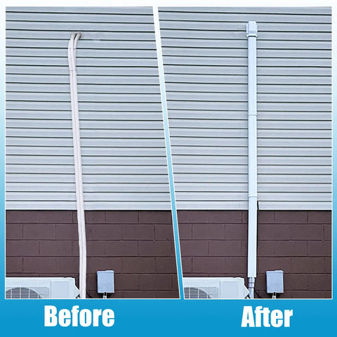 Before and after installation of the Ultra Durable 25 Ft PVC Line Set Cover Kit For Ductless Mini Split Heat Pump And Central AC Systems