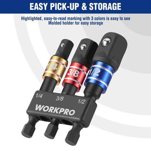 Impact Grade Socket Adapter Set for Quick Change Systems with colored markings and molded holder, 3-piece set