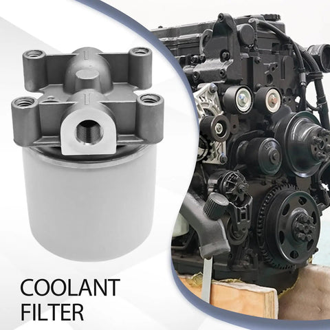 Coolant Filter With Filter Base Replacement For Freightliner M2 112 114SD 106 108SD And Peterbilt Trucks next to engine view