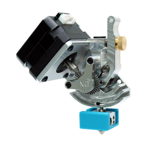 Plug And Play Direct Drive Extruder Gives Your Rig A Serious Upgrade With High Torque Three To One Gear Ratio Hassle Free Install For Creality CR 10 And Ender 3 Series Smooth Filament Pushing Makes Tough Jobs A Breeze close-up of metal extruder with blue nozzle and motor.