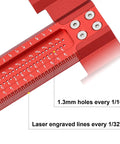 Close-up of red Pro Grade Woodworking Scriber T-Square Ruler 12in with laser-engraved lines and 1.3mm holes every 1/16 inch.