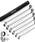 Extra Long Flex Head Ratcheting Wrench Set, 6 Piece Double Box End Long Reach Metric 8 19mm, CRV Steel With Pouch displayed