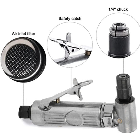 High Output 90 Degree Air Angle Grinder Kit 20K RPM 03 Motor Mini Die Grinder With Heads showing air inlet filter and safety catch.