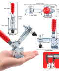 10 Pack Quick Release Horizontal Toggle Clamps Gh 12130 Heavy Duty Five Hundred Lbs Grip shown in hand with measurements for woodworking use.