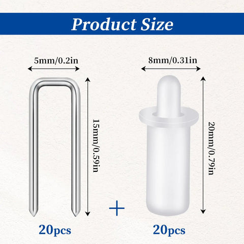 Product size details for No Sweat Plantation Shutter Repair Kit with spring loaded pins and louver staples, showing measurements.