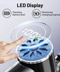 Close-up of LED display on cordless vacuum cleaner with self standing feature, showing battery level, part of 6-in-1 rechargeable stick