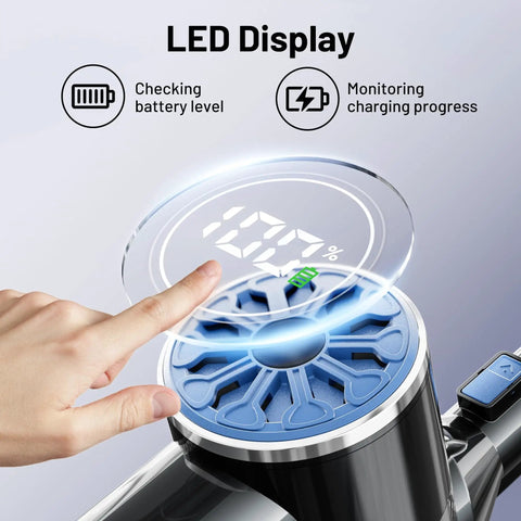 Close-up of LED display on cordless vacuum cleaner with self standing feature, showing battery level, part of 6-in-1 rechargeable stick