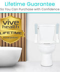 Rock Solid Heavy Duty Toilet Safety Rails With Flip Up Grab Handles Built Like A Tank Support Frame For Seniors And Mobility Aid Durable Steel Wide Base Anti Slip Feet beside a toilet.