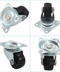 Low Profile 1 Inch Caster Wheels Set 8 Pcs Heavy Duty Rubber Swivel Casters With Bearings And Top Plate 22 Lbs Per Wheel Capacity 360 Degree Swivel For Furniture And Appliances Screws Included shown from multiple angles with top plate and rubber wheels.