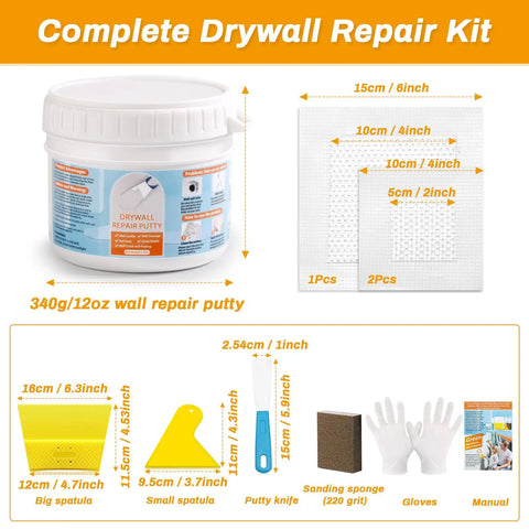 Drywall Repair Kit With 12 Oz White Putty Filler And Spatula For Patching Holes And Cracks An Easy Foolproof Fix Perfect For Your Walls No Drama Cleanup Fast Dry Formula with putty, spatulas, sanding sponge and gloves.