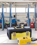 Get Your Ride Looking Crisp Again With This Legit Plastic Welding Kit Featuring Dope Rapid Heating Technology And Smooth Joint Repairs. Yellow tool case and hot stapler in a garage setting.