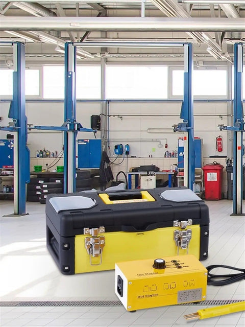 Get Your Ride Looking Crisp Again With This Legit Plastic Welding Kit Featuring Dope Rapid Heating Technology And Smooth Joint Repairs. Yellow tool case and hot stapler in a garage setting.