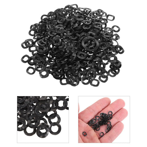 Three-Wave Metal Spring Washers Kit 4x8x0.3mm 500-Pack Heavy-Duty Elastic Wave Gaskets For Machine Repair And Industrial Fastening Keeps Bolts From Loosening In Any Shop Or Workshop Great For Automotive Machinery Electronics And DIY Projects. black 4x8x0.3mm wave washers in pile and hand