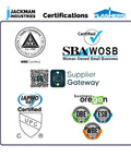 Logo image showing certifications including Jackman Industries, SBA WOSB, IAPMO R&T, and various business and supplier certifications.