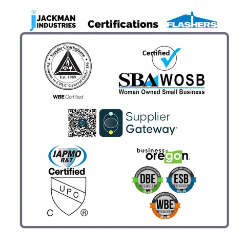 Logo image showing certifications including Jackman Industries, SBA WOSB, IAPMO R&T, and various business and supplier certifications.